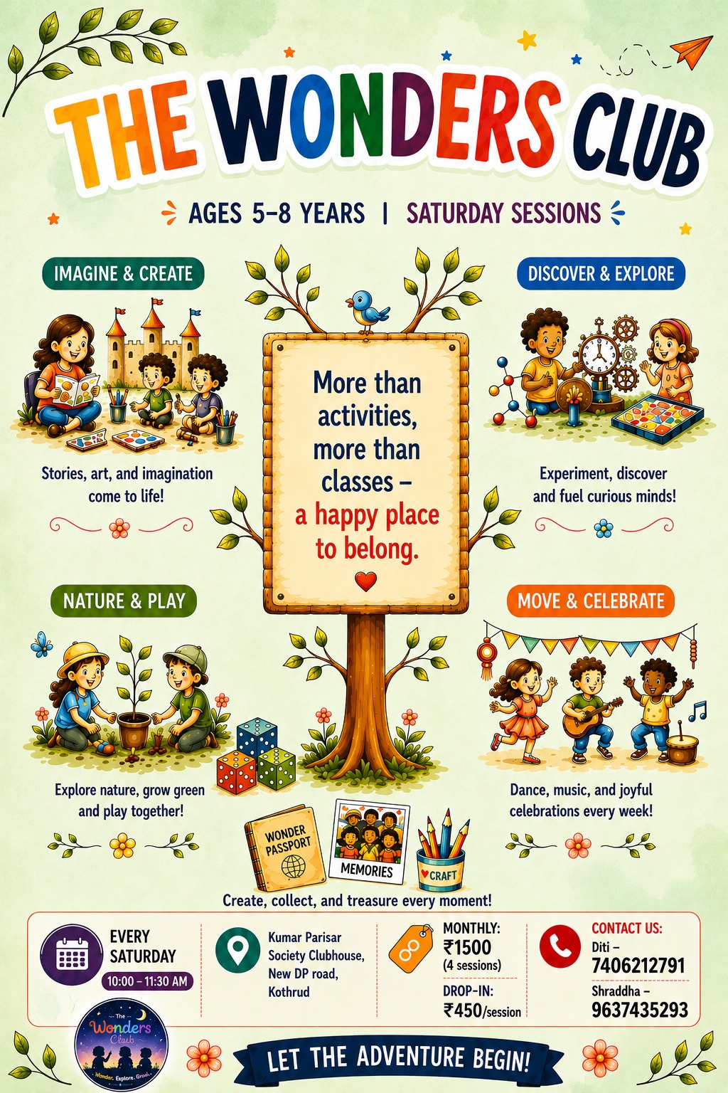 The Wonders Club — Ages 5–8, Saturday sessions. Imagine & Create, Discover & Explore, Nature & Play, Move & Celebrate.